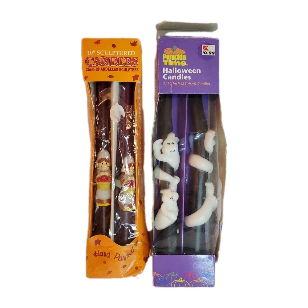 Vintage 90s Thanksgiving, pilgrim And‎ Ghost Fall Taper Candle Stick Set Of 2